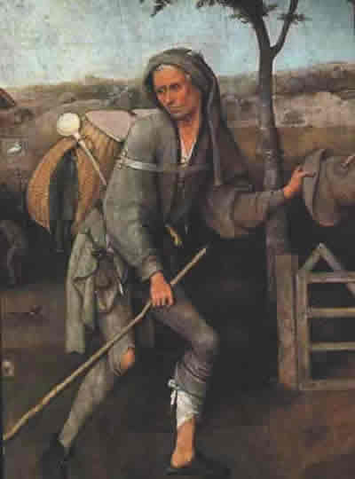 Een afbeelding van een marskramer uit de Middeleeuwen.